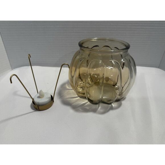 Amber Colored Glass Pumpkin 5” Tea Light Holder - Fall Autumn Harvest Decor - Picture 6 of 8